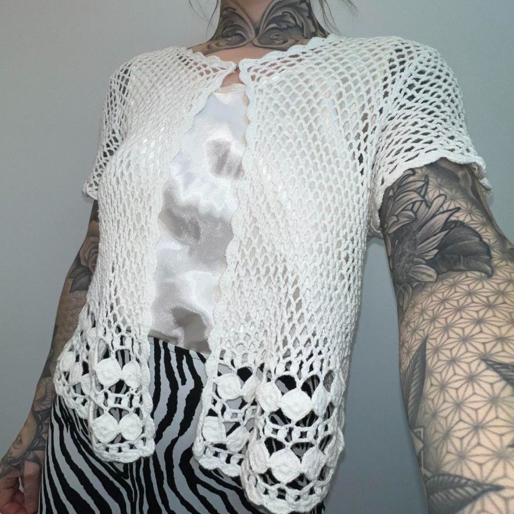 Spense Women's Cream and White Crochet Knit Top Blouse Size L